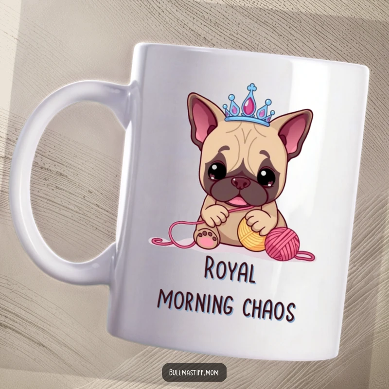 Funny Bullmastiff mug featuring a majestic dog in a tiara, batting playfully at a ball of yarn, radiating pure, unadulterated fun.