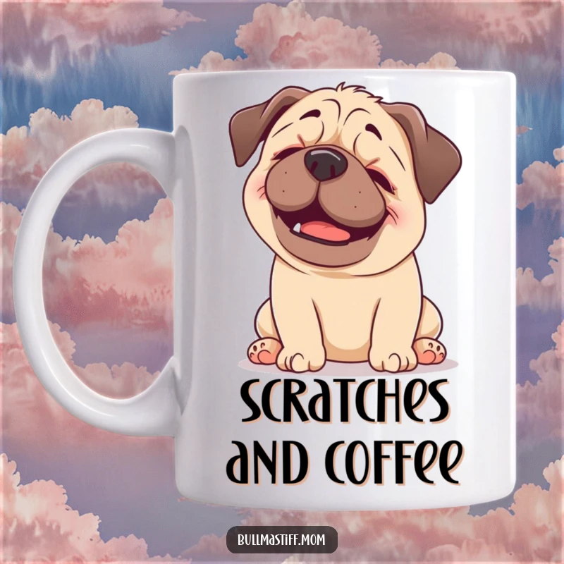 Funny Bullmastiff mug showing a happy dog blissfully enjoying a gentle head scratch, conveying pure canine contentment.