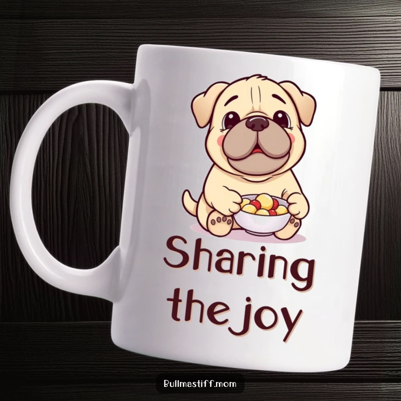Funny Treat-Giving Bullmastiff Mug: A cheerful Bullmastiff happily offers a treat from a small dish, embodying kindness and generosity.