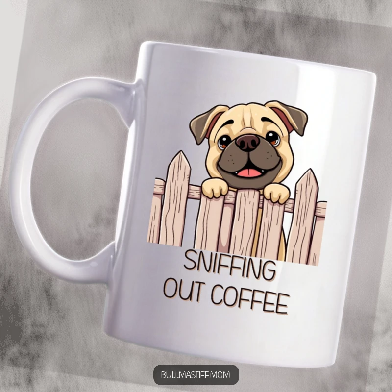 Funny Bullmastiff mug showing a curious dog happily peeking over a fence, capturing playful intrigue and a friendly expression.