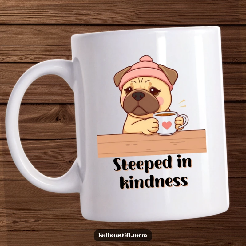 Funny Bullmastiff mug with a dog wearing a warm hat, gently offering a cup of tea, radiating warmth and kindness.