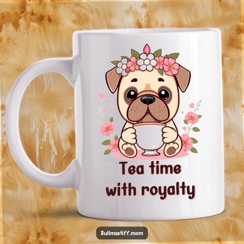 Funny Kawaii Bullmastiff Mug showing a cute dog wearing a delicate floral crown and holding a teacup, embodying gentle nobility and humor.