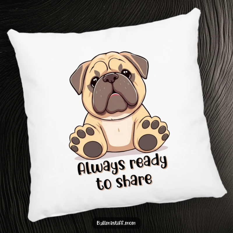 Funny Bullmastiff pillow featuring a dog with big paws offering a toy, soft and humorous home accent.