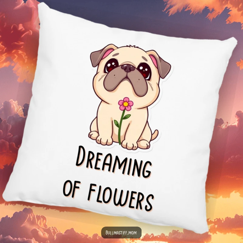 Bullmastiff love pillow, a dog with a flower in its fur looking up adoringly, providing sweet comfort and decor.