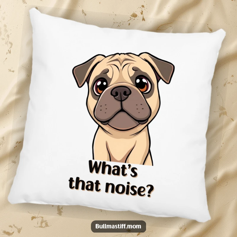 Funny Bullmastiff pillow showing a dog tilting its head with bright, curious eyes, perfect for cozy contemplation.