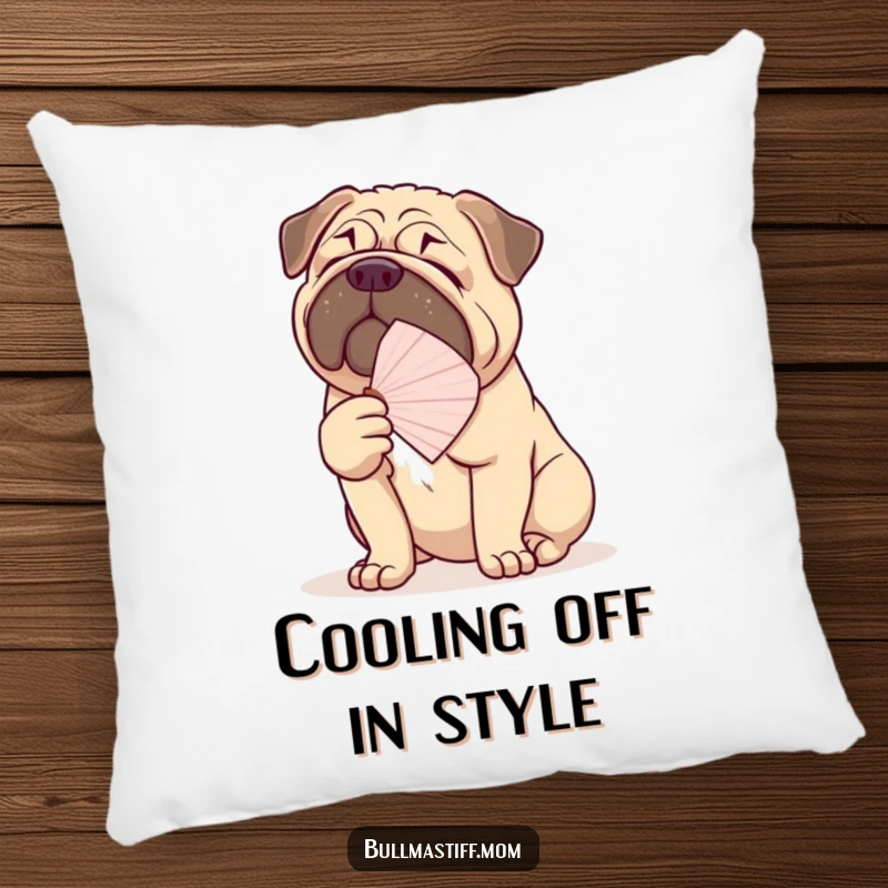 Funny Bullmastiff pillow showcasing a large dog fanning itself with a delicate fan, offering comfort and humor.