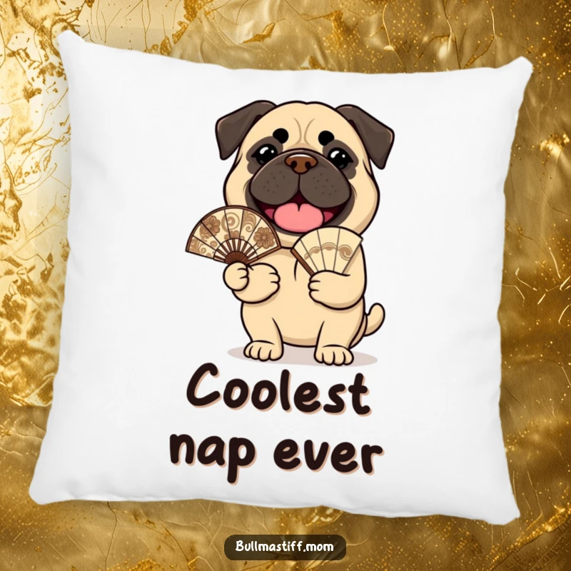 Funny Bullmastiff Pillow: A cheerful bullmastiff holds an ornate fan, offering plush comfort.
