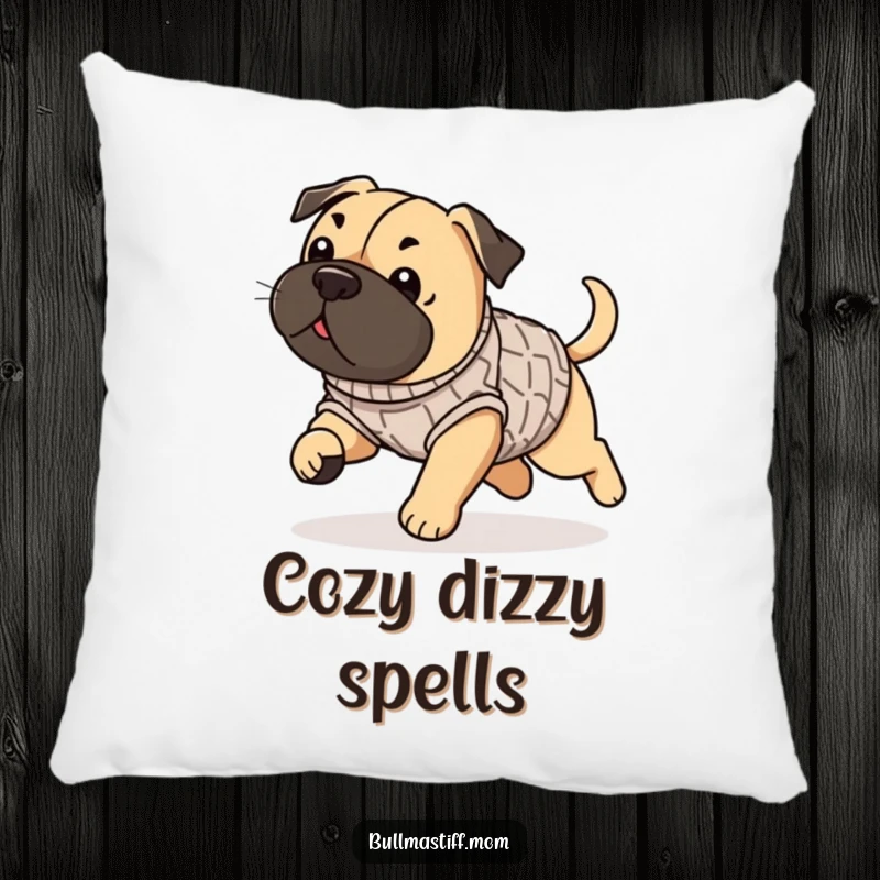 Funny Bullmastiff pillow with a dog in a sweater playfully chasing its tail, adding whimsical decor.