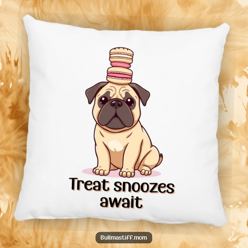 Funny Bullmastiff balancing a stack of macarons on its head, perfect for a decorative and humorous pillow.