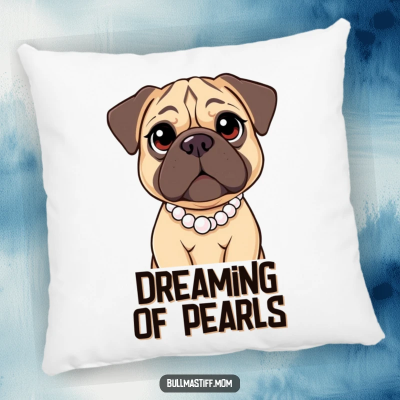 Funny Bullmastiff Pillow with a large dog possessing kind eyes and wearing a pearl necklace, offering comfort and a heartwarming touch of humor.