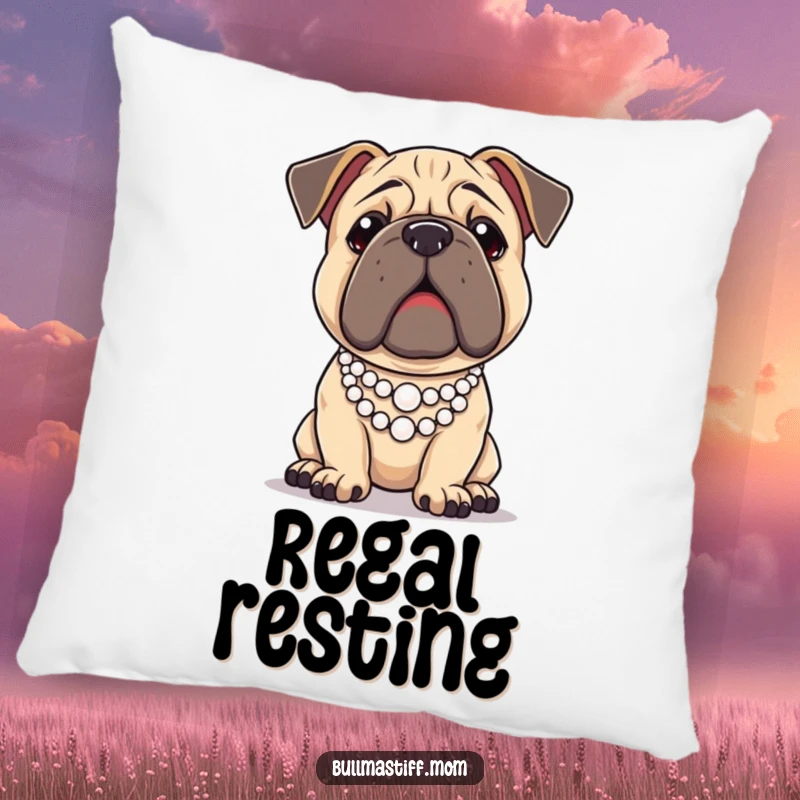 Funny Bullmastiff dog wearing a pearl necklace and posing regally, featured on a soft and decorative pillow.
