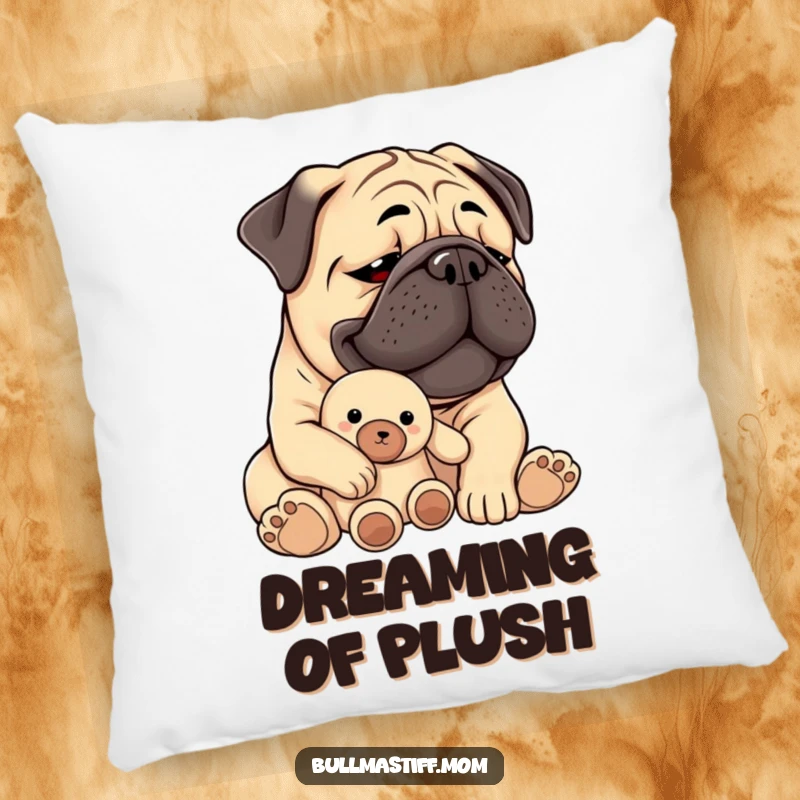 Funny Bullmastiff pillow showing a content dog holding a plush toy, offering comfort and heartwarming appeal.