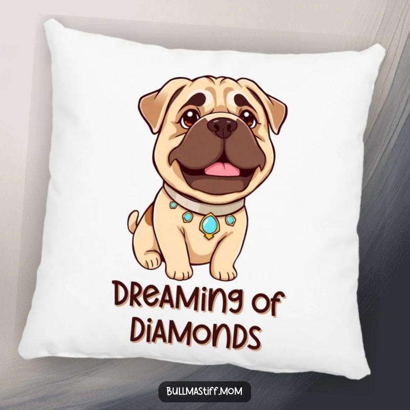 Funny Bullmastiff Pride Pillow: A Bullmastiff beams gently with pride while wearing a jeweled collar, designed for cozy enjoyment.