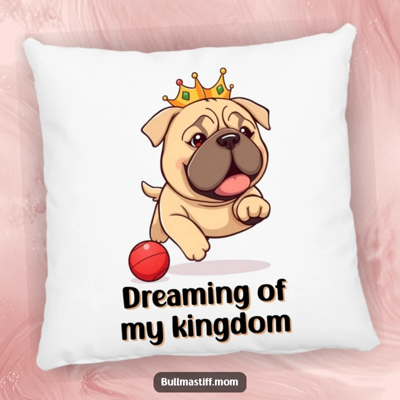 Funny Bullmastiff Pillow: Adorable crowned dog playfully chasing a red ball, offering comfort and humorous charm.
