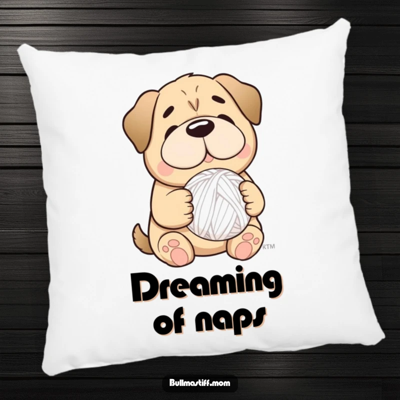 Soft, funny pillow featuring a smiling Bullmastiff holding a fluffy yarn ball, adding coziness and humor.