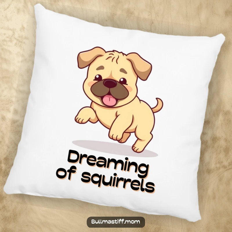 Funny Bullmastiff pillow featuring a happy dog with floppy ears chasing its tail, adding comical comfort. Perfect gift.