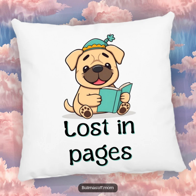 Funny Bookish Bullmastiff Pillow: A smiling Bullmastiff in a hat enjoys a book, offering cozy comfort and intellectual charm.