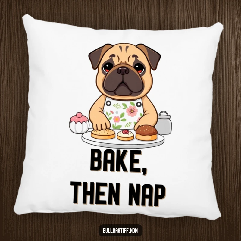 Funny Bullmastiff dog wearing a floral apron, happily baking pastries, on a soft pillow, a humorous decorative gift.