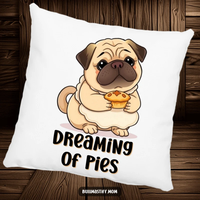 Funny Bullmastiff pillow featuring a dog in a fluffy apron, gently holding a small pie, providing comfort and baking cheer.