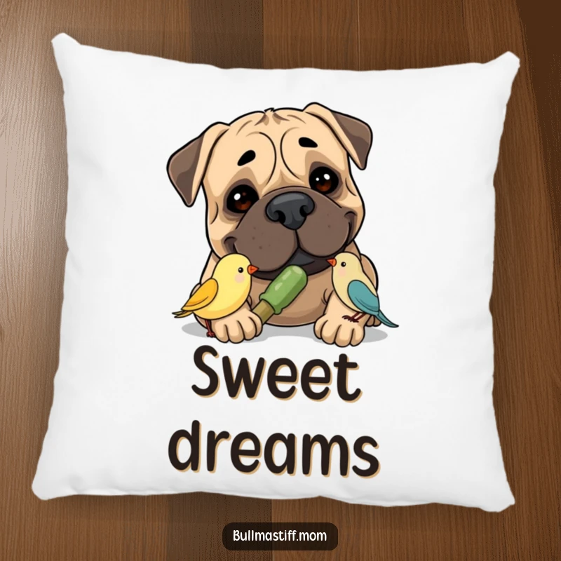 Funny Bullmastiff Throw Pillow featuring a smiling Bullmastiff sharing a chew toy with a tiny bird, perfect for adding heartwarming humor.