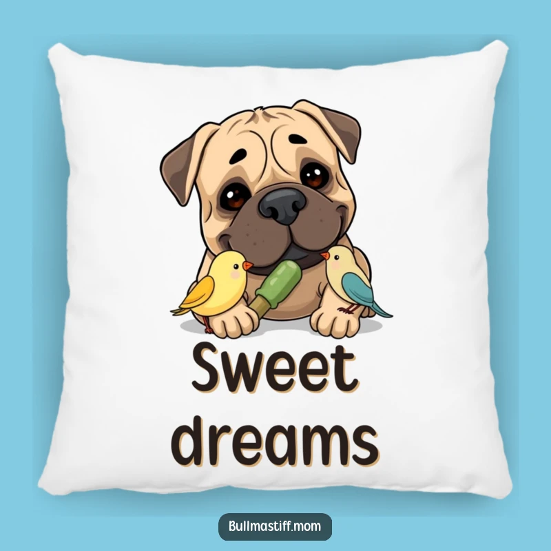 Funny Bullmastiff Bird Throw Pillow: Comfy Gentle Dog Accent Pillow, Ideal Funny Gift