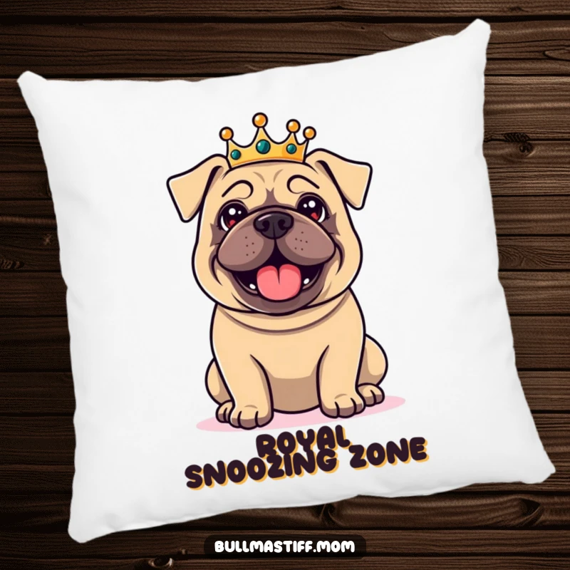 Funny Bullmastiff pillow showcasing a delighted dog wearing a small crown, looking regal and plush, offering humorous and comfortable home decor.