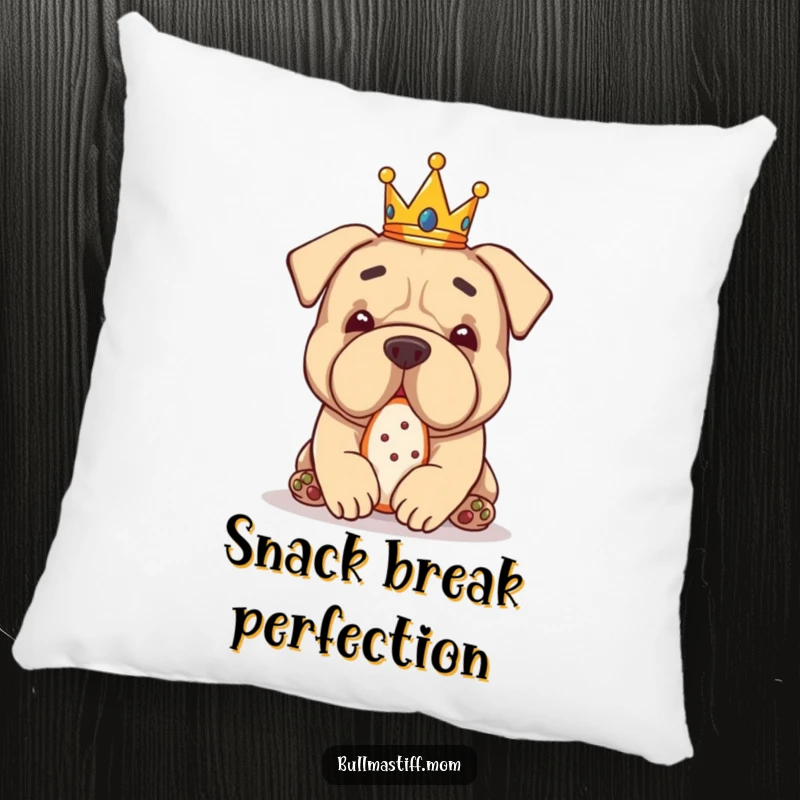 Funny Bullmastiff wearing a small crown, eating a treat, depicted on a soft and humorous pillow.