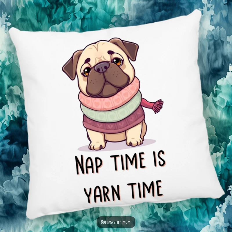 Funny Bullmastiff with yarn and needles, knitting a scarf, presented on a soft pillow for humorous comfort.