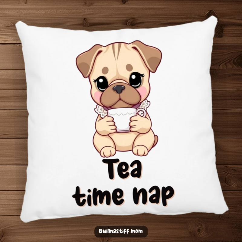 Funny Bullmastiff pillow showcasing a distinguished dog in a lace collar, holding a teacup, providing soft comfort and humorous decor.