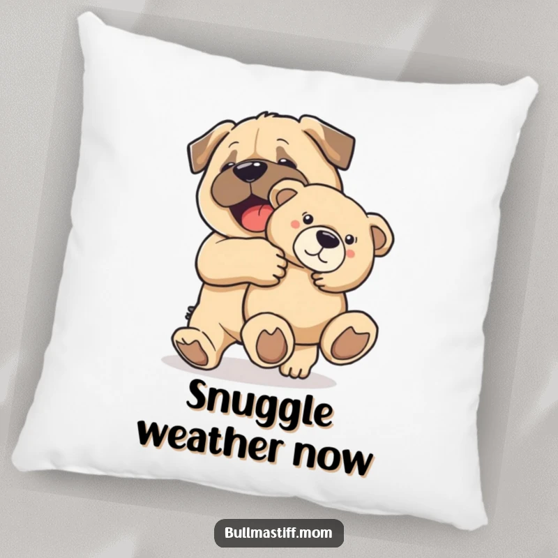 Soft, funny pillow featuring a happy Bullmastiff carrying a large teddy bear, adding coziness and joy.