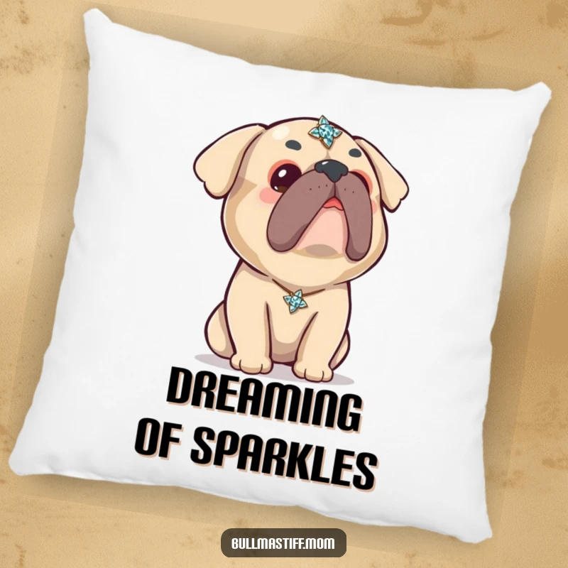 Funny Kawaii Bullmastiff Pillow: A cute Bullmastiff looks up with wide, curious eyes at a sparkling brooch, offering soft, adorable comfort.