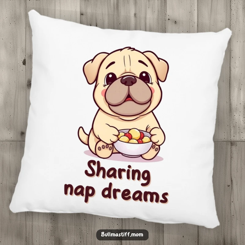 Funny Treat-Giving Bullmastiff Pillow: A cheerful Bullmastiff offers a treat, providing cozy comfort and a heartwarming reminder of generosity.