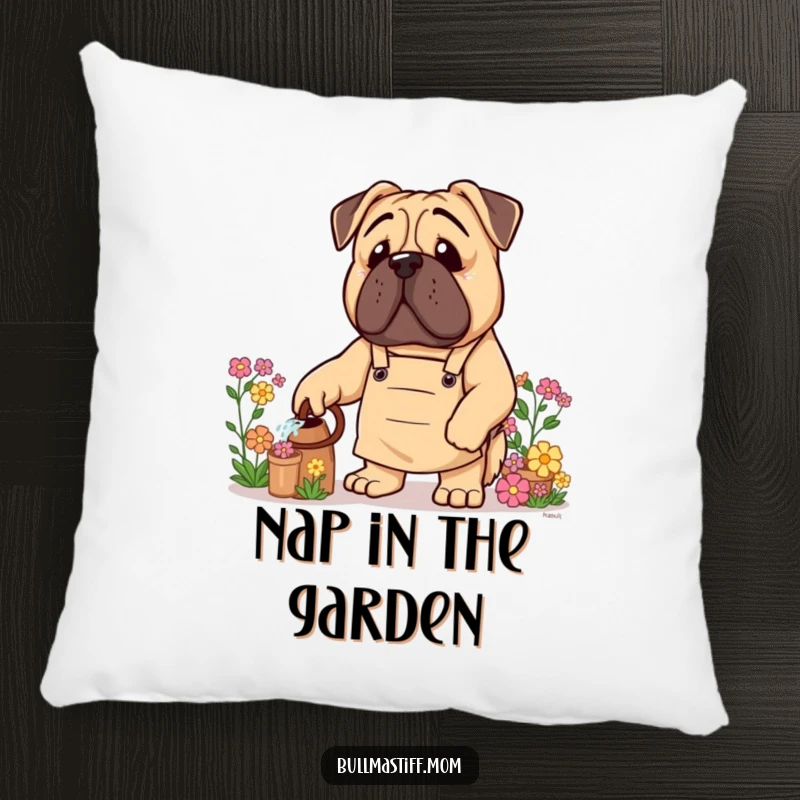 Funny Bullmastiff Pillow: A Bullmastiff dog wearing a gardening apron waters a flower, looking content.