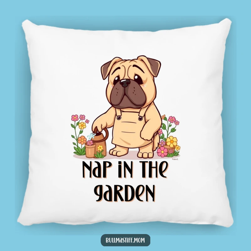 Funny Bullmastiff Pillow: Gardener Dog Cushion, Cozy Floral Funny Gift