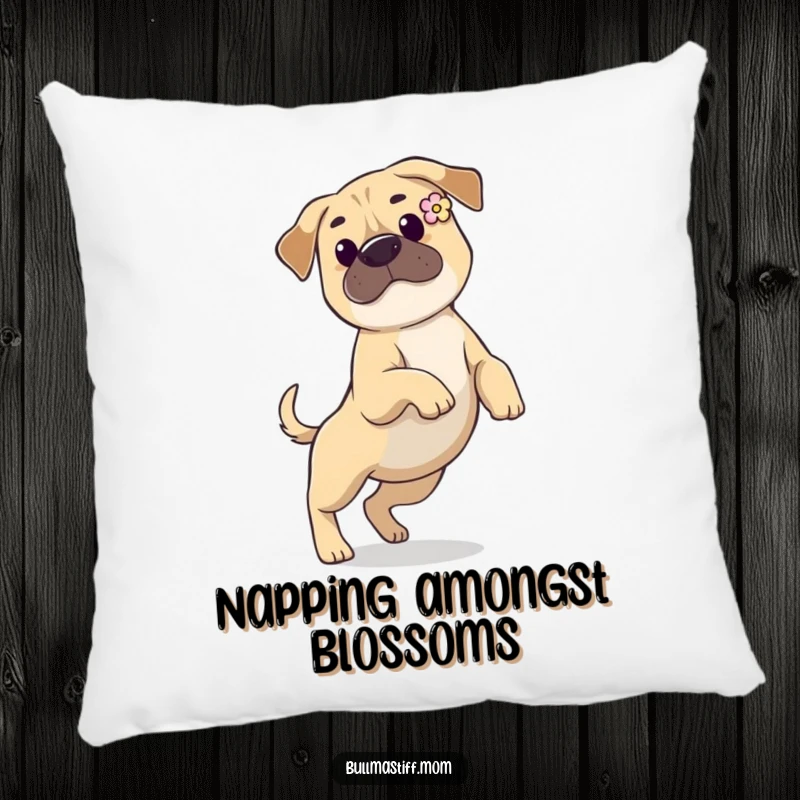 Funny Bullmastiff pillow showing a dog with a flower in its ear, prancing gracefully, offering comfort and a stylish accent.