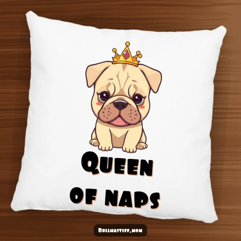 Funny Tiarad Bullmastiff pillow featuring a dog wearing a small tiara, exuding calm elegance and offering soft comfort.