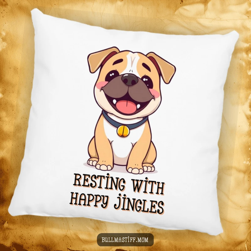 Funny Bullmastiff Pillow: A soft pillow featuring a smiling Bullmastiff with a bell collar, offering comfort and happy vibes.