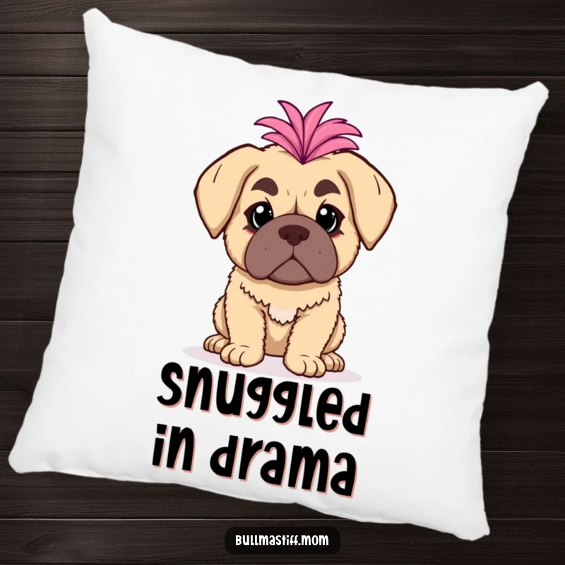 Funny Bullmastiff Pillow: A bullmastiff with a fluffy boa poses dramatically, offering plush comfort.