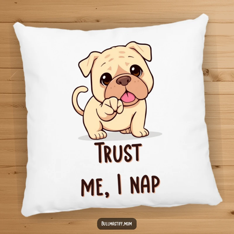 Funny Bullmastiff pillow featuring a happy dog with a wagging tail offering its paw for a handshake. Friendly comfort.