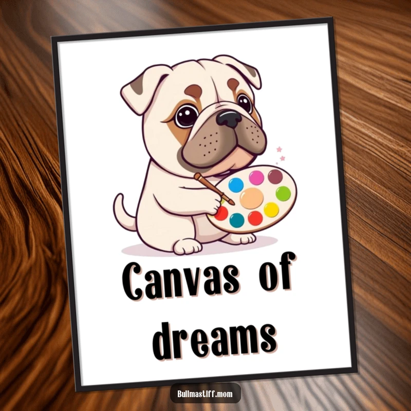 Funny Bullmastiff artist digital art print of a happy dog holding a paint palette, ready to be framed.