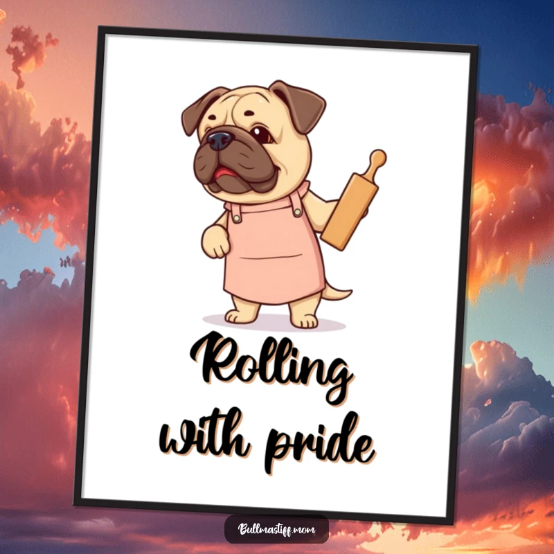 Funny Bullmastiff digital art print: a dog in a cute apron proudly holding a rolling pin, baking theme.
