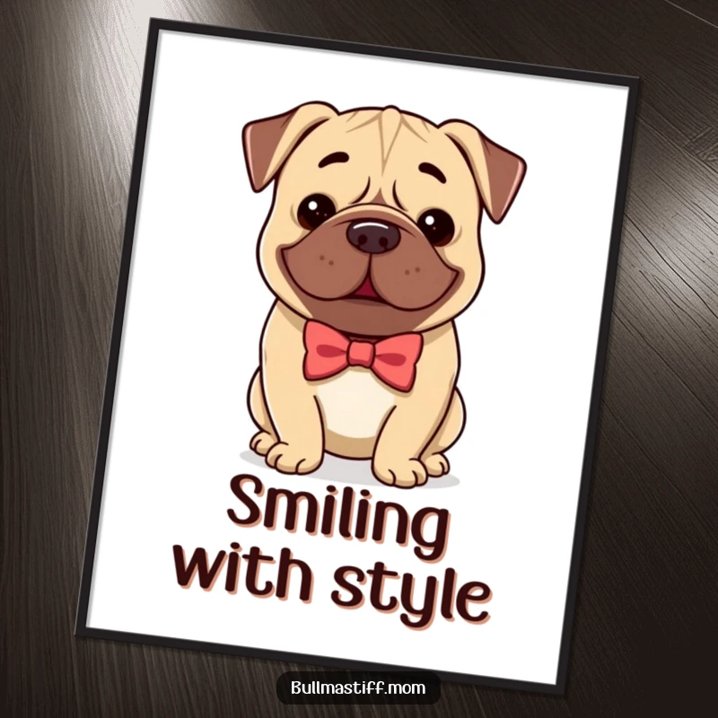 Funny Bullmastiff digital art print of a smiling dog wearing a bow tie, adding a touch of dapper charm.