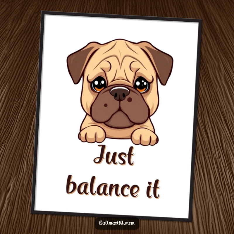 Funny Bullmastiff digital art print: a dog with big, soulful eyes trying to balance a cookie on its nose.