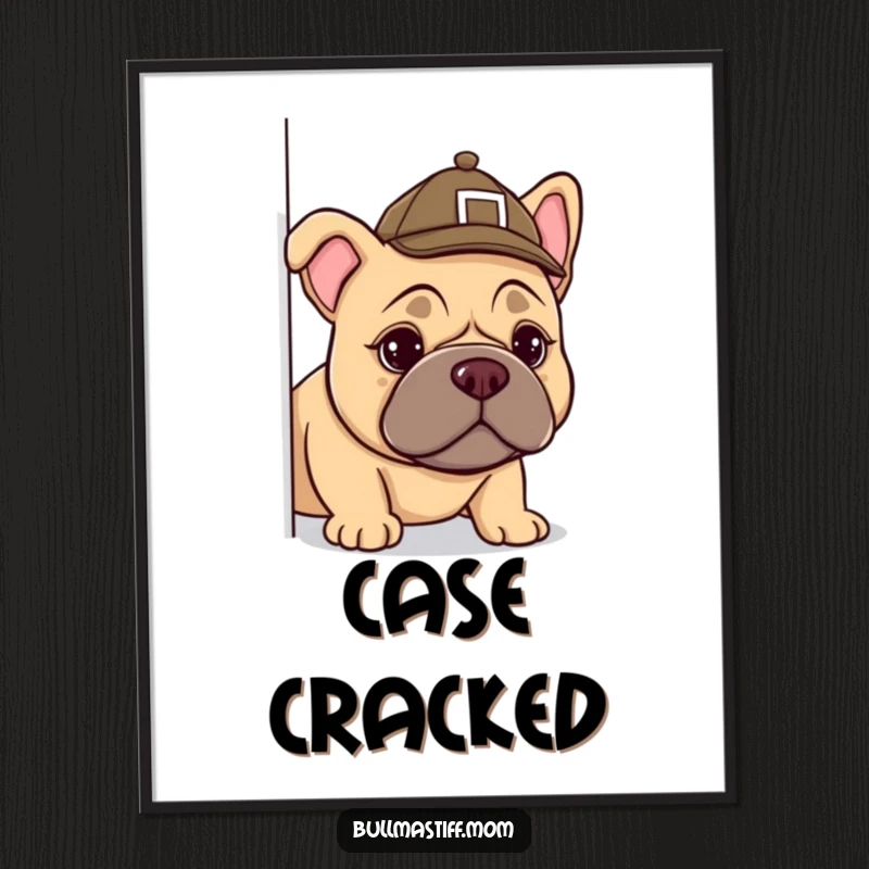 Funny Bullmastiff detective digital art print, a dog in a small hat peeking curiously, ideal for home or office decor.