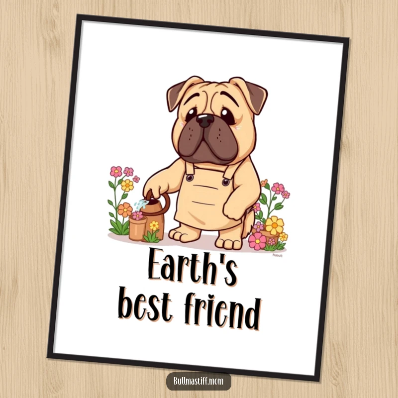 Funny Bullmastiff Digital Art Print: A Bullmastiff dog wearing a gardening apron is shown watering a flower.