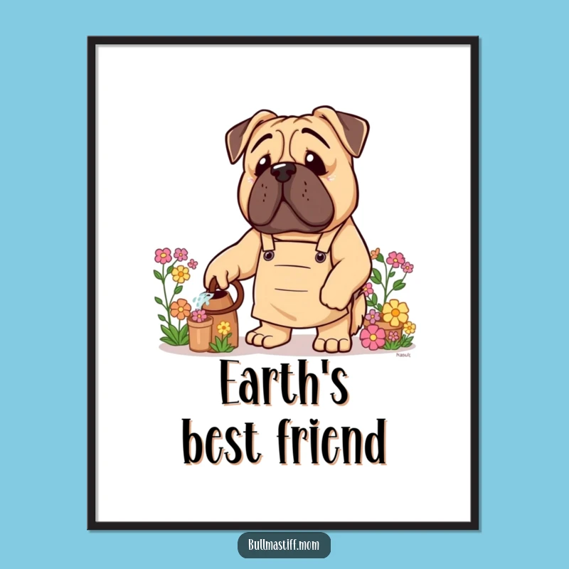 Funny Bullmastiff Digital Art: Gardener Giant with Apron Print, Floral Decor Funny Gift