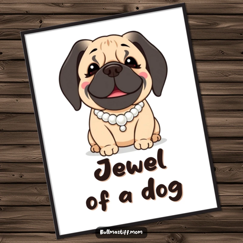 Funny Bullmastiff Digital Art Print: A smiling Bullmastiff dog is depicted wearing a beautiful string of pearls.