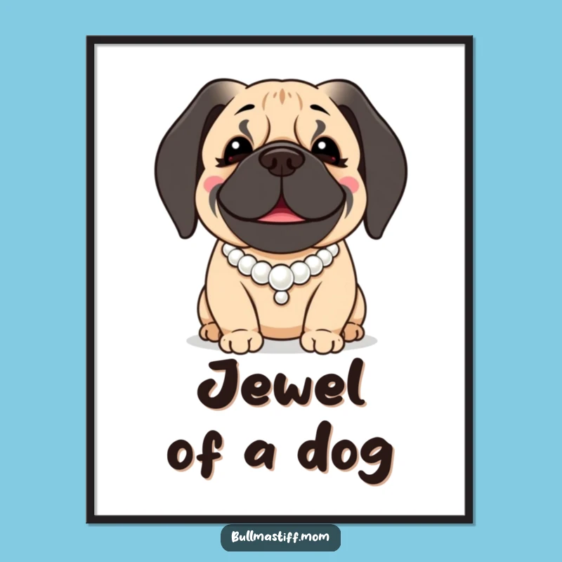Funny Bullmastiff Digital Art: Pearl Necklace Gentle Giant Print, Elegant Decor Funny Dog Gift
