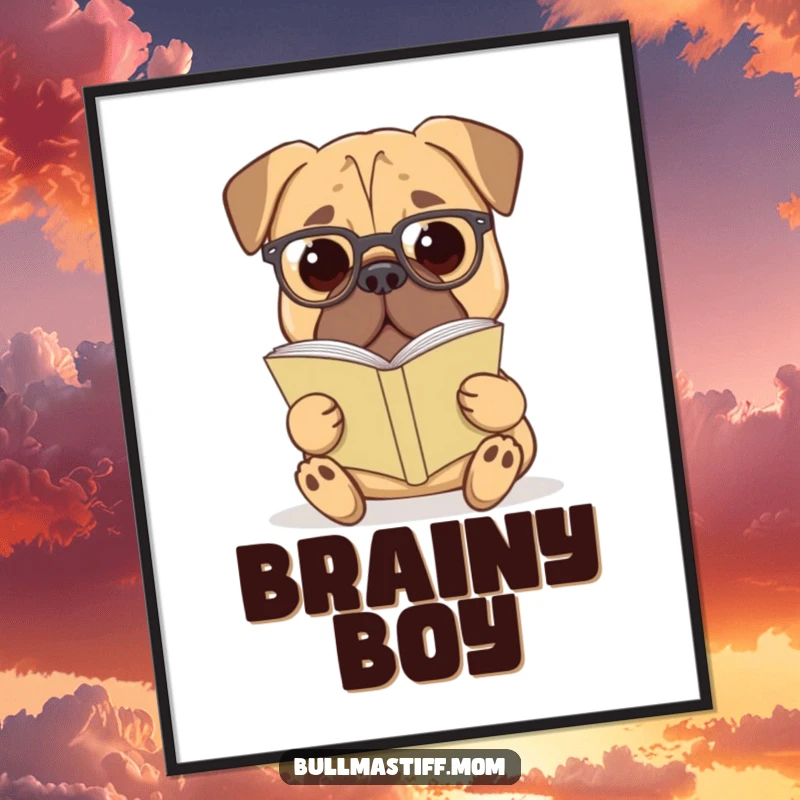 Funny Bullmastiff Digital Art Print: A Bullmastiff dog wearing reading glasses sits peacefully with an open book.