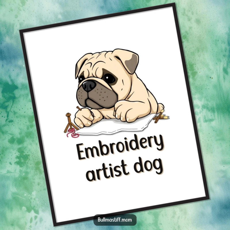 Funny Bullmastiff with large, clumsy paws attempting embroidery, high-resolution digital art print, full of hilarious crafting humor.